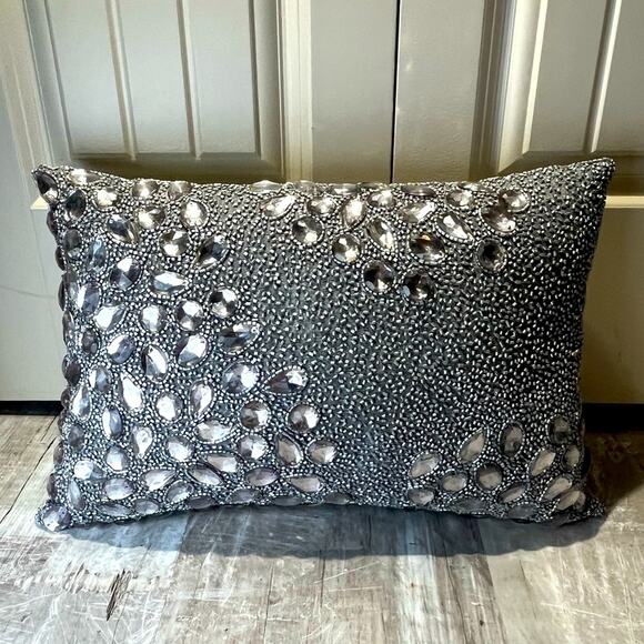 Gray and silver jeweled rhinestone pillow, silk with beaded accents - Picture 1 of 7